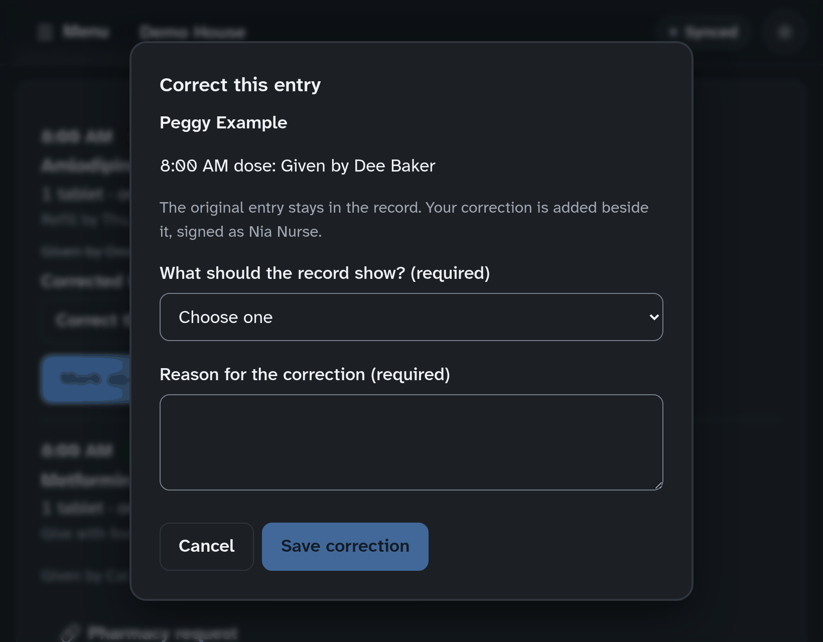 The same tamper-evident dose correction shown in dark mode.