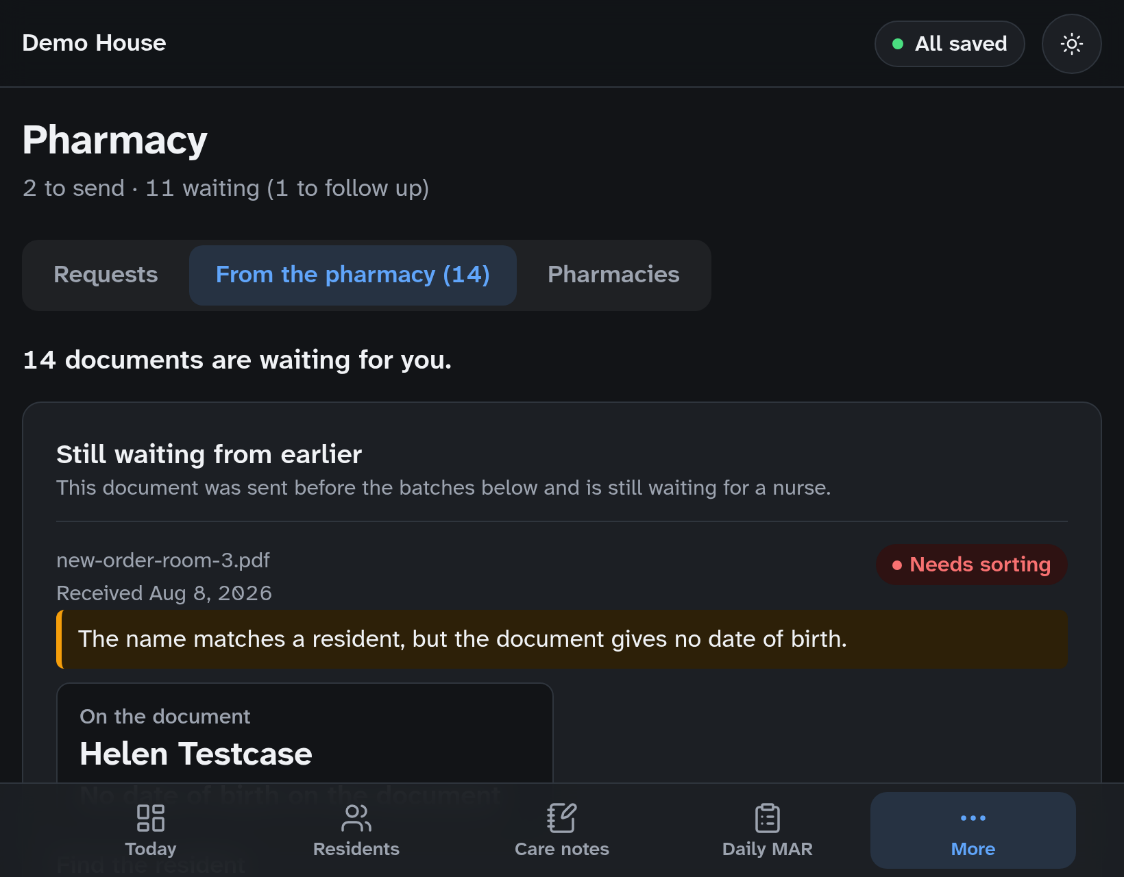 The same Pharmacy documents tab in dark mode.