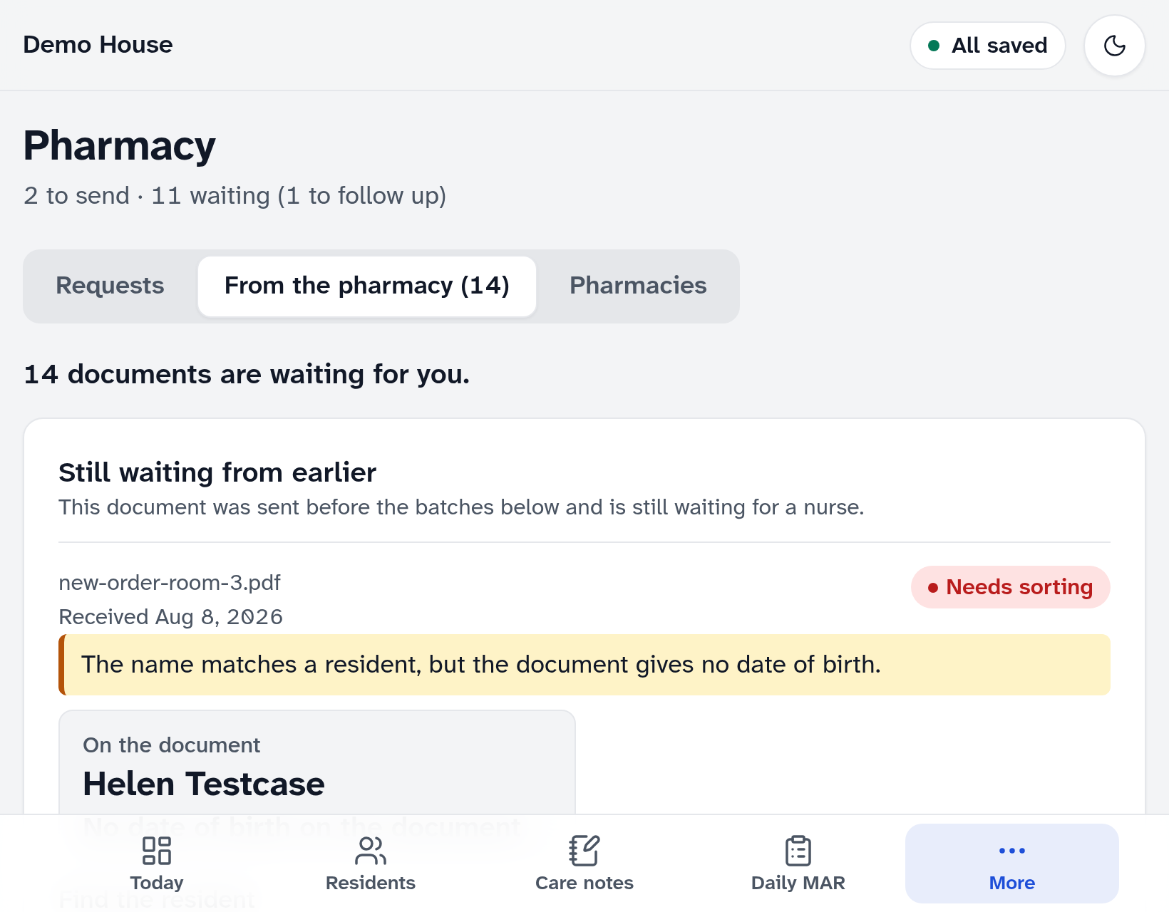 The Pharmacy documents tab for a sample home: 14 documents waiting, and one that needs sorting because the document gives no date of birth.